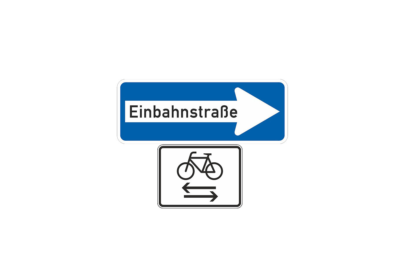 Zeichen 220 – Einbahnstraße mit entsprechenden Zusatzzeichen für Radverkehr
